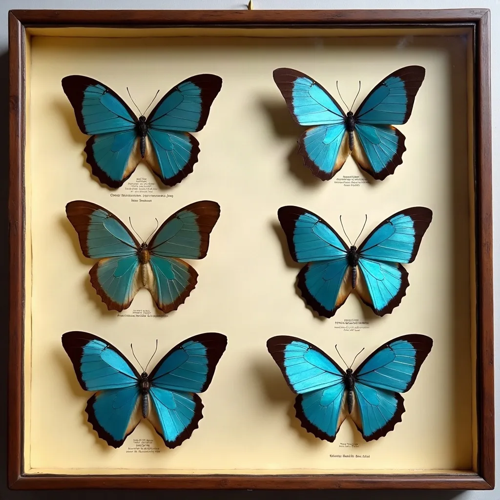 Entomology case, six Morpho didius specimens, c. 1905