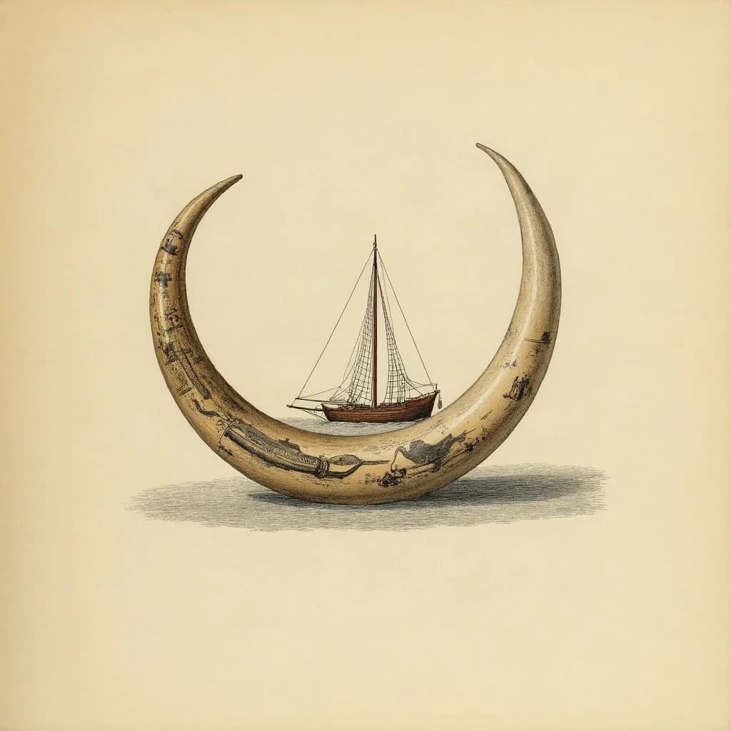 Narwhal tusk fragment with scrimshaw whaling scene, c. 1860